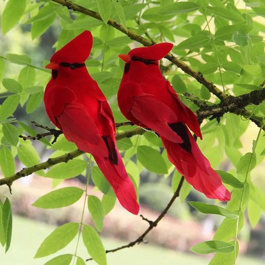 2pcs Red Feather Birds Clips for Garden Decor - Handcrafted Figurines for Christmas Home Decoration