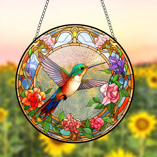 Colorful Hummingbird Stained Glass Suncatcher for Windows with Chain